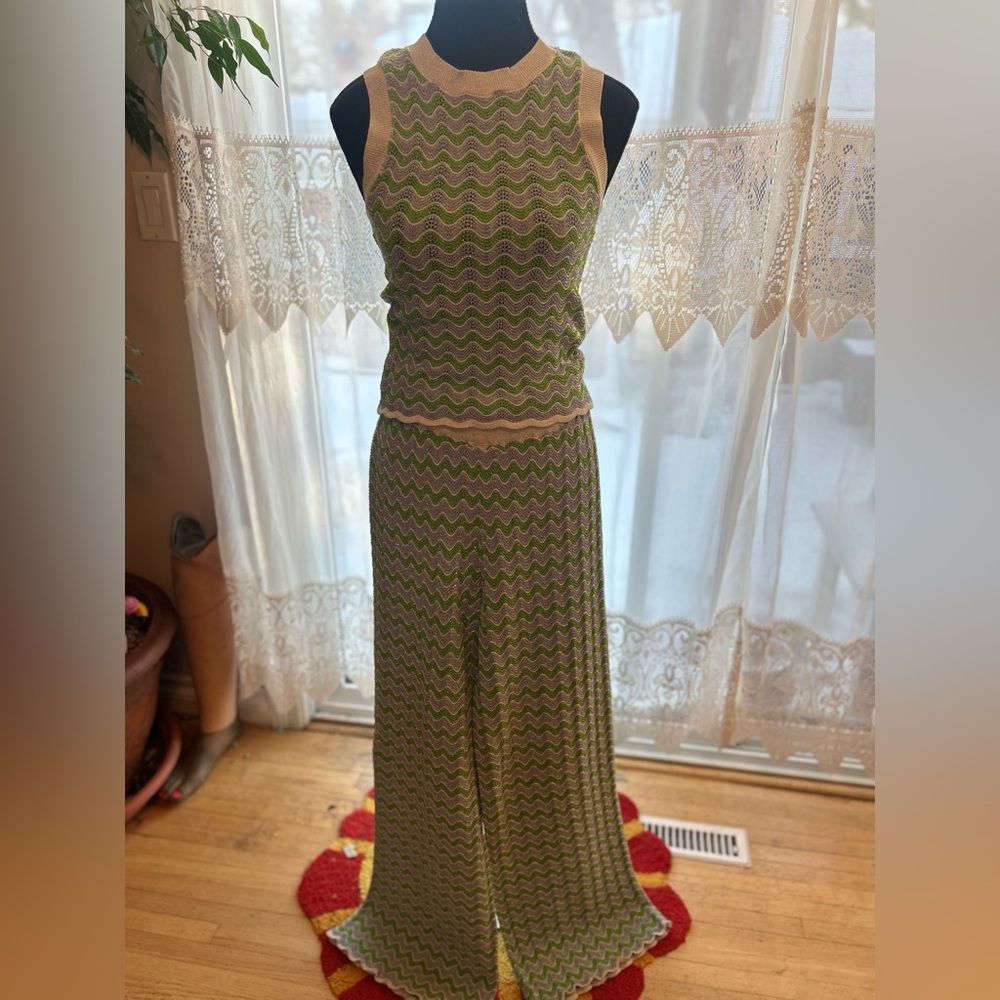 Green Wave Knit Tank & Wide-Leg Pants Set